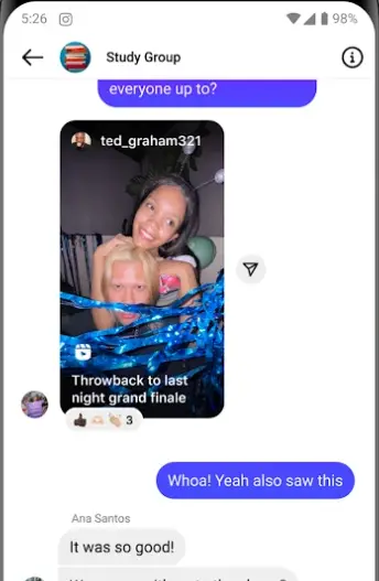 Instagram Elite direct messages group chat with a shared story post and replies