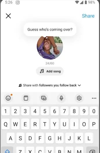 Instagram Elite Notes composer with a note draft above the on-screen keyboard